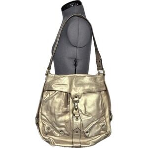 Vtg Y2K Gold Metallic Leather Slouchy Hobo Shoulder Bag Boho Studded STAINED